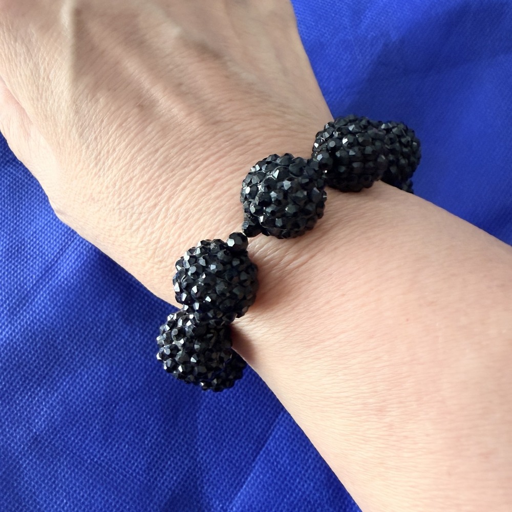 Black Rhinestone Beaded Ball Bracelet Womens Stretch Statement Costume Jewelry